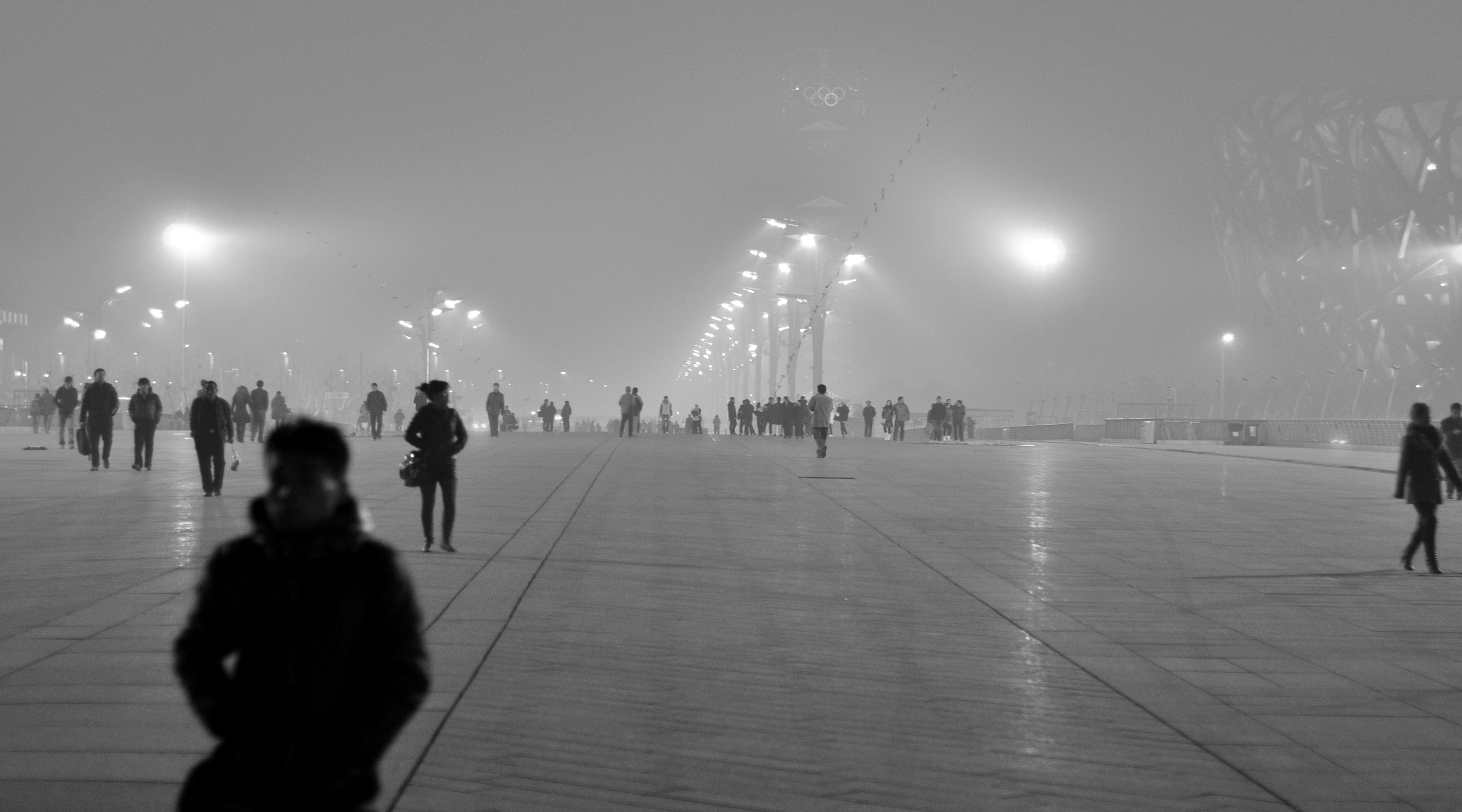 A foggy view of the pathway running through the Beijing Olympic Sports Centre - with the brief details of the Bird's Nest Stadium at the right hand side.
Smog pollution was terrible.